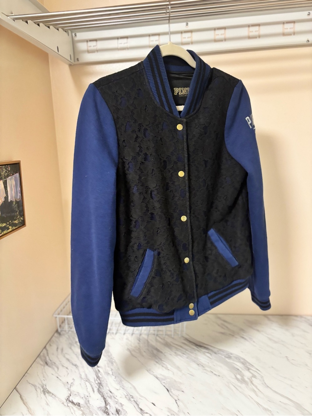 PINK Victoria's Secret Navy & Black Lace letterman Jacket